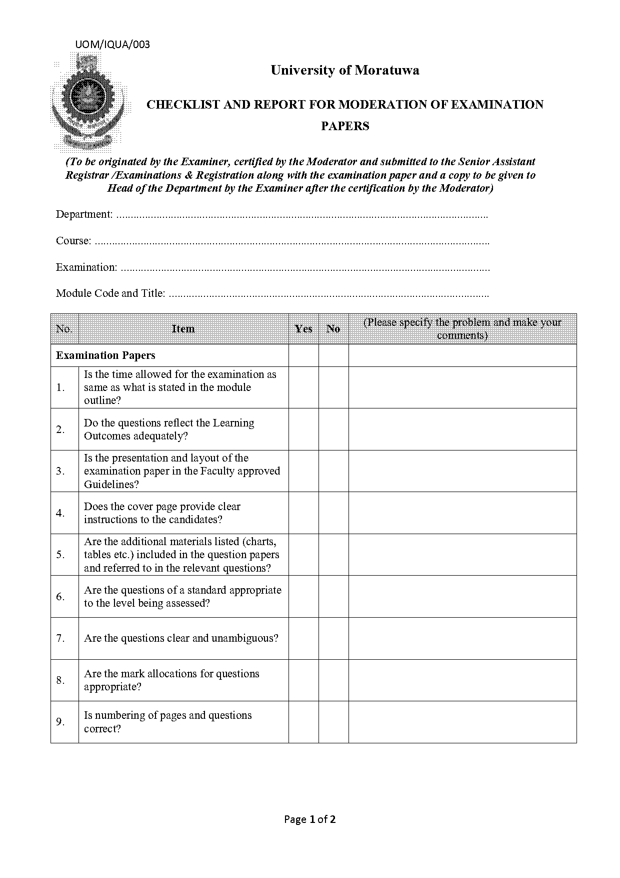 exam paper moderation template