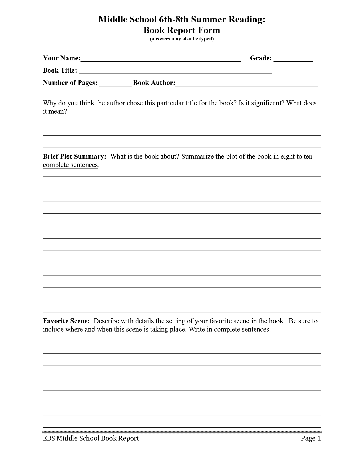 free high school book report forms