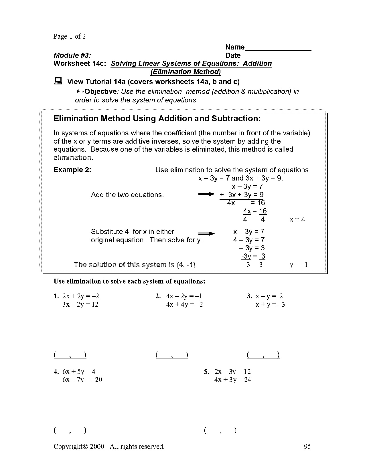 elimination method math worksheet