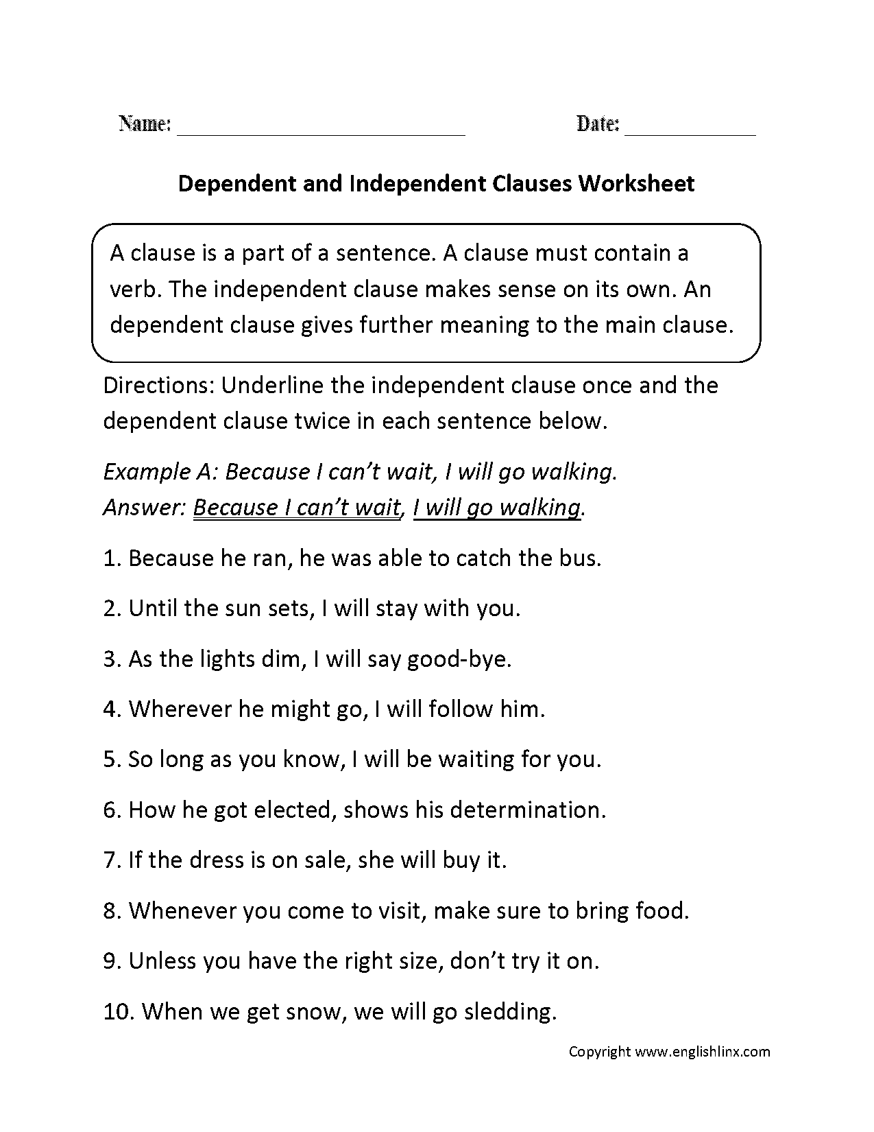 free esl dependent and independent clauses worksheets