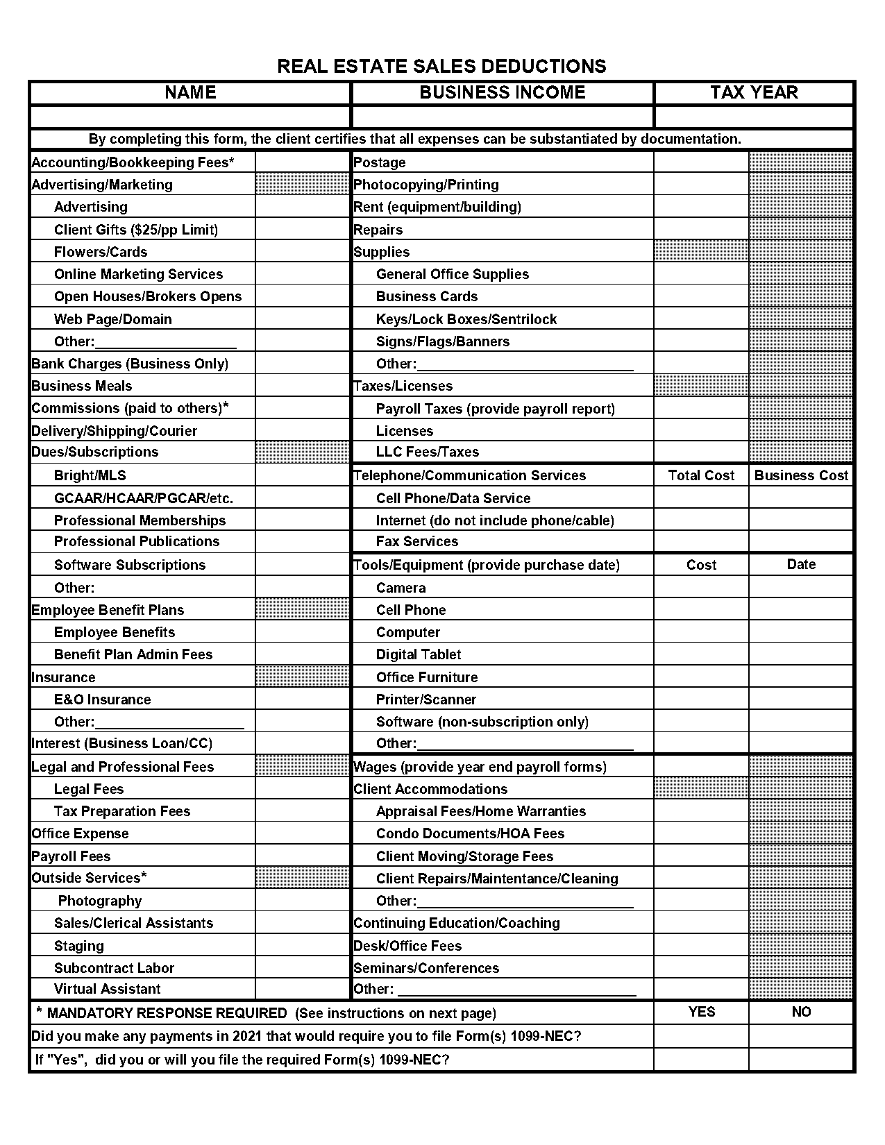 real estate agent tax deductions worksheet