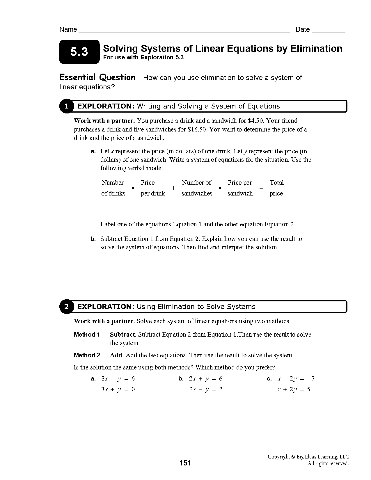 elimination method math worksheet