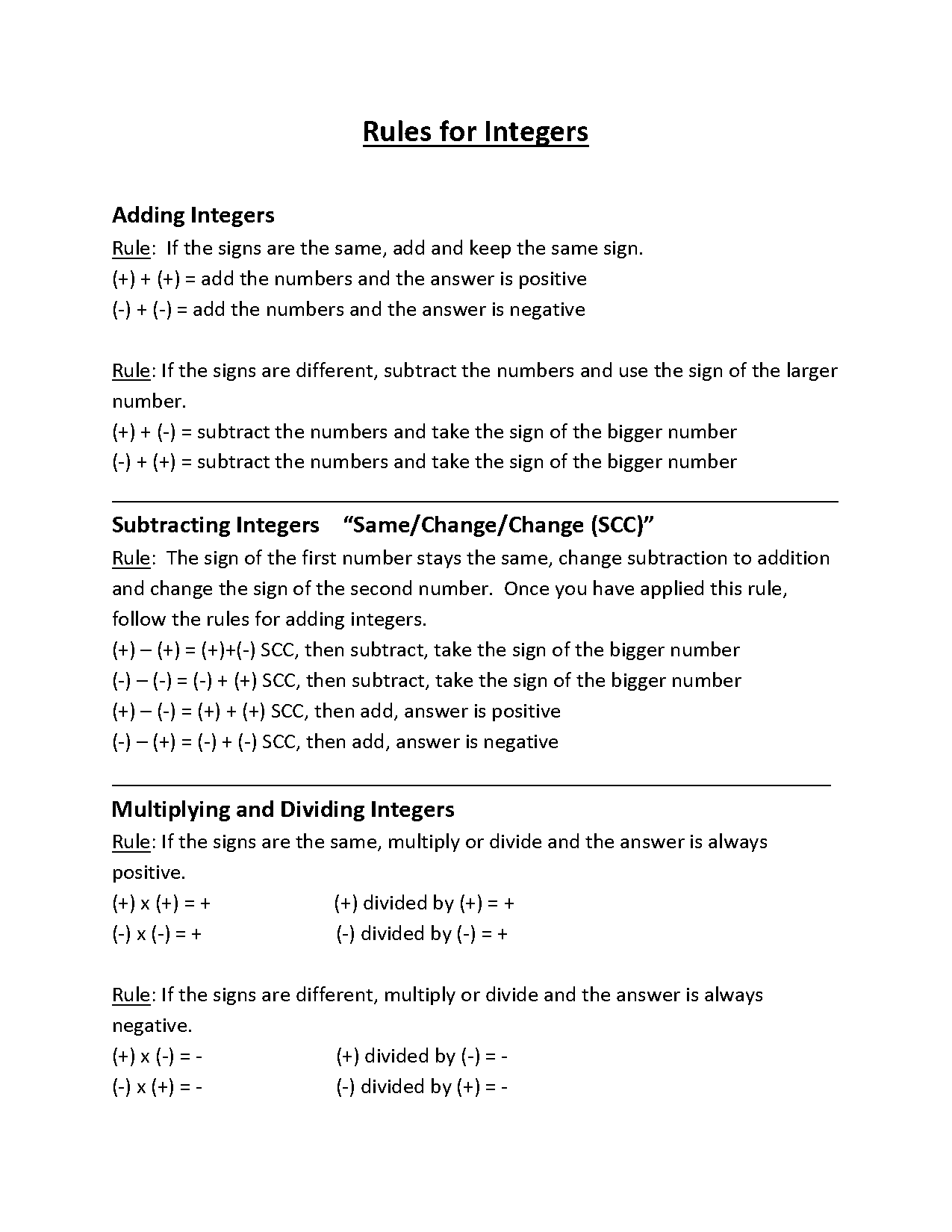 adding and subtracting integers worksheet with rules