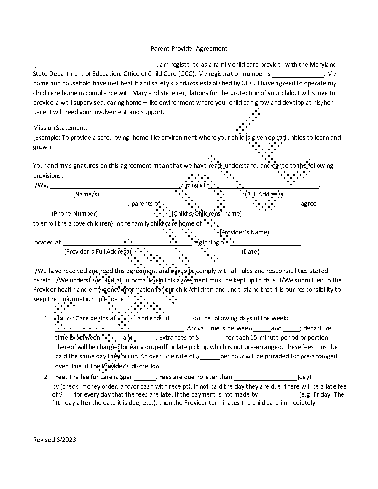 child care provider contract template