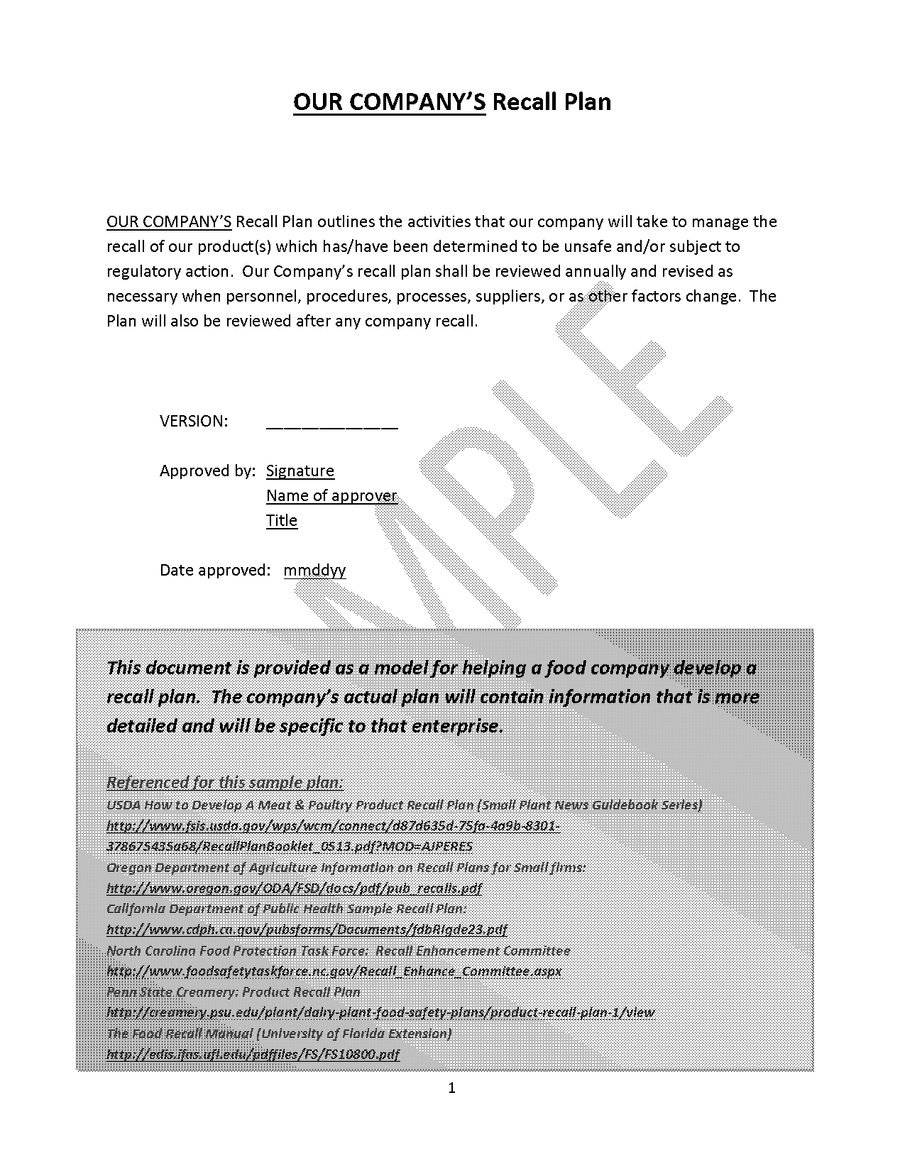 food recall plan template