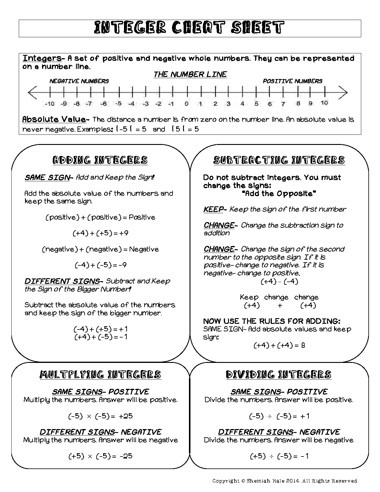 adding and subtracting integers worksheet with rules