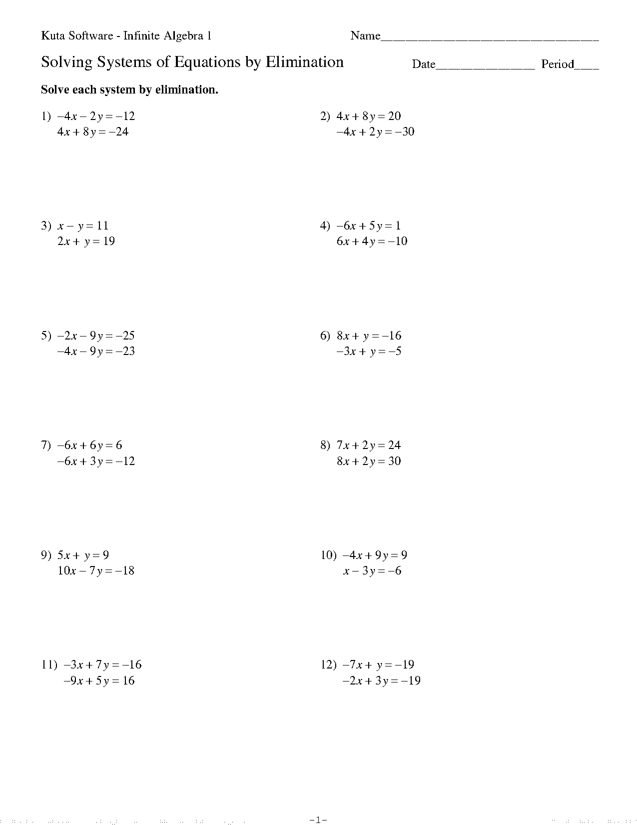 elimination method math worksheet