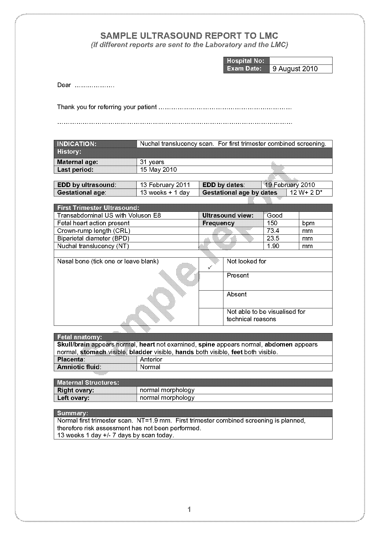 sample prenatal ultrasound report