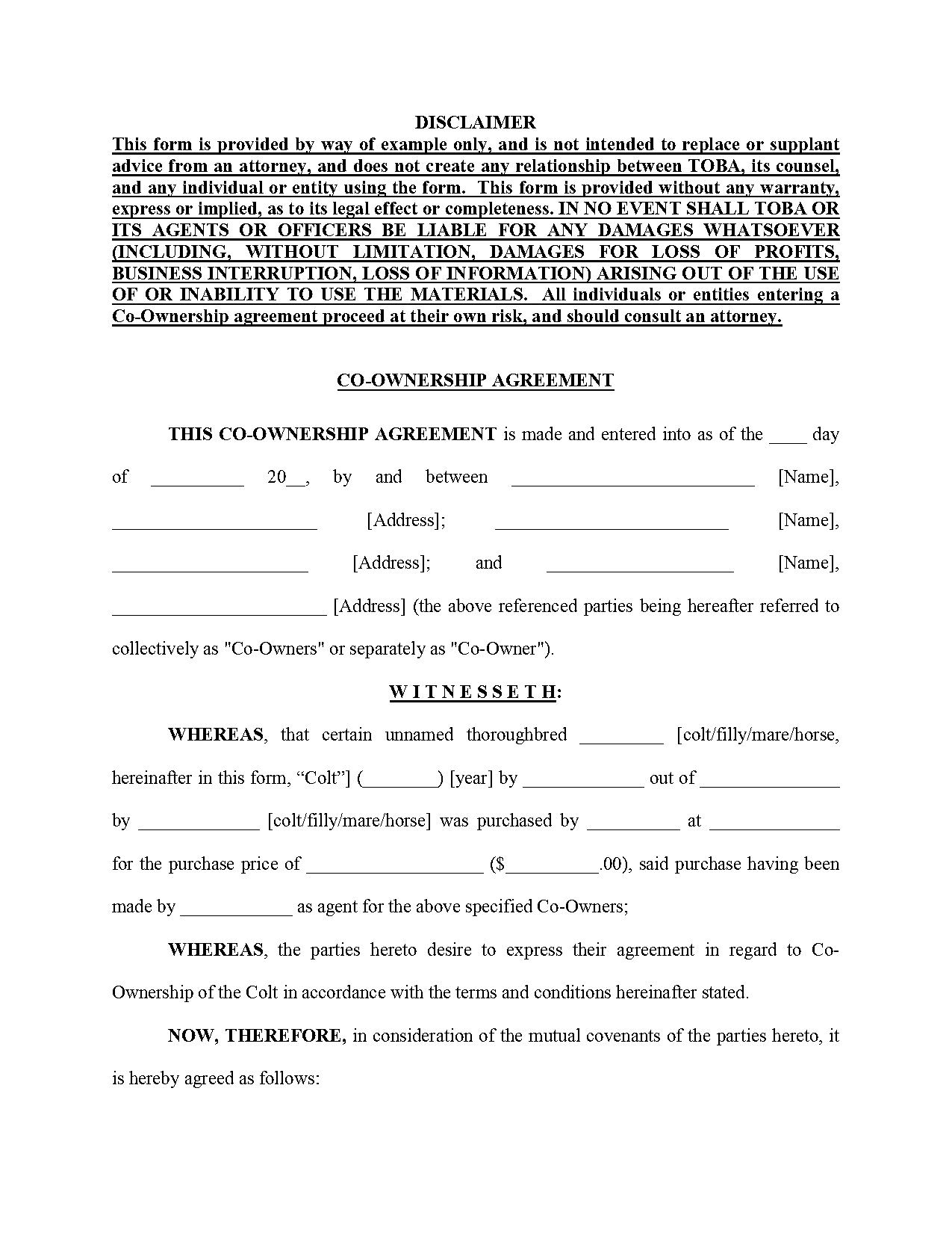 co ownership agreement format india