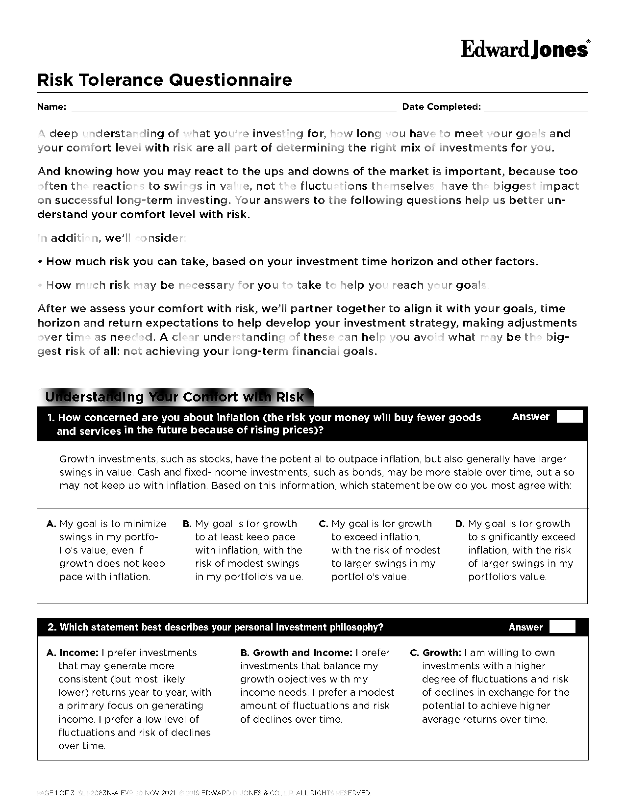 financial risk analysis questionnaire