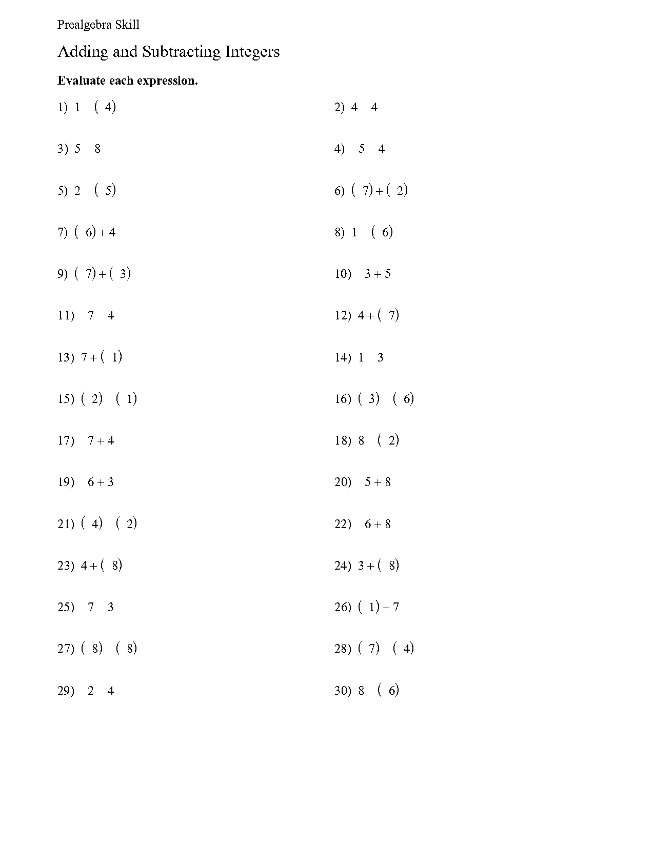 adding and subtracting integers worksheet with rules