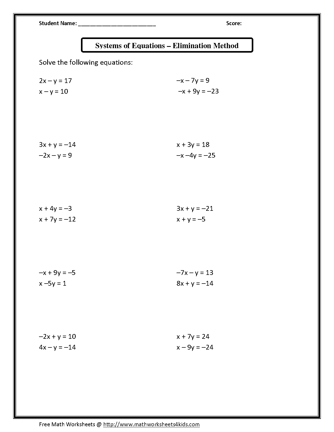 elimination method math worksheet