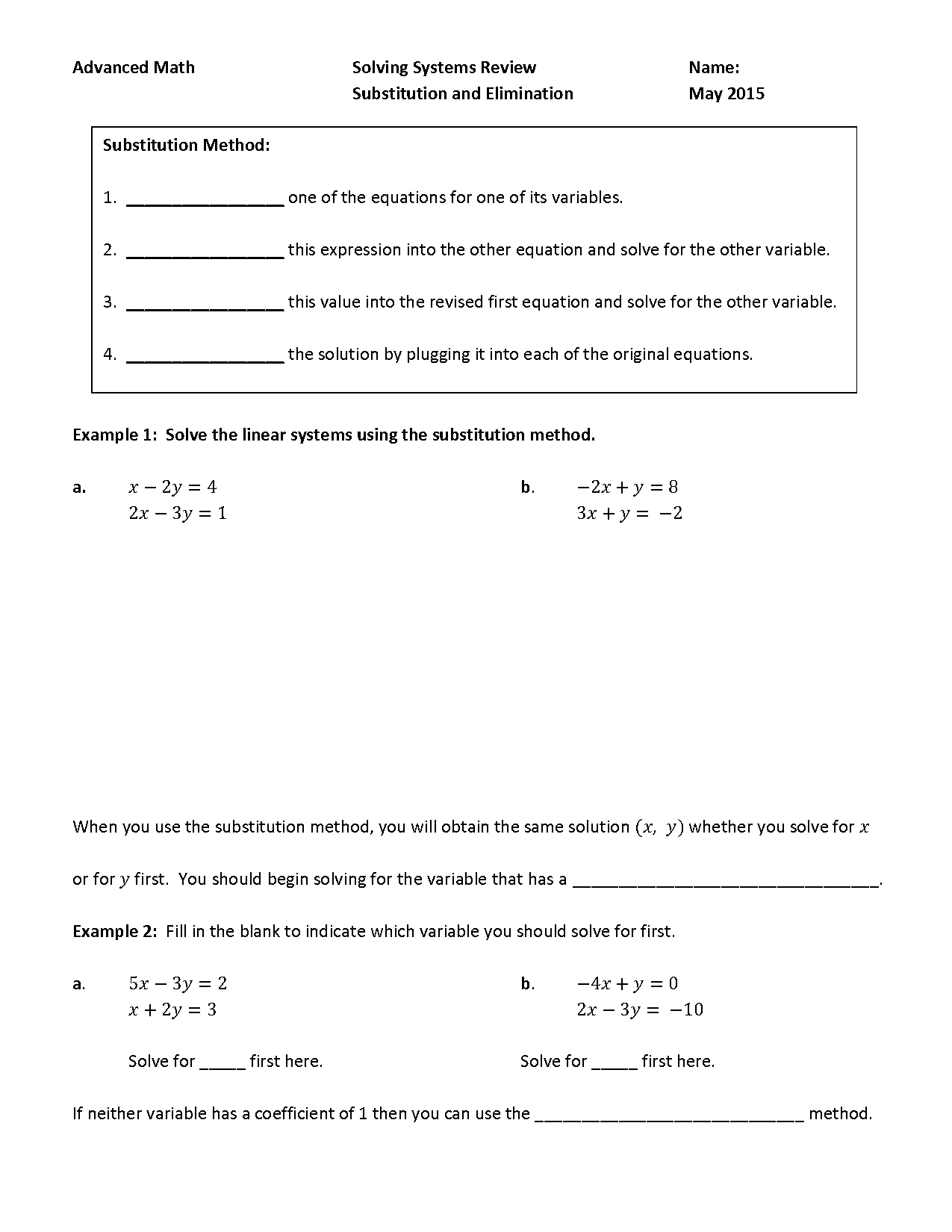 elimination method math worksheet